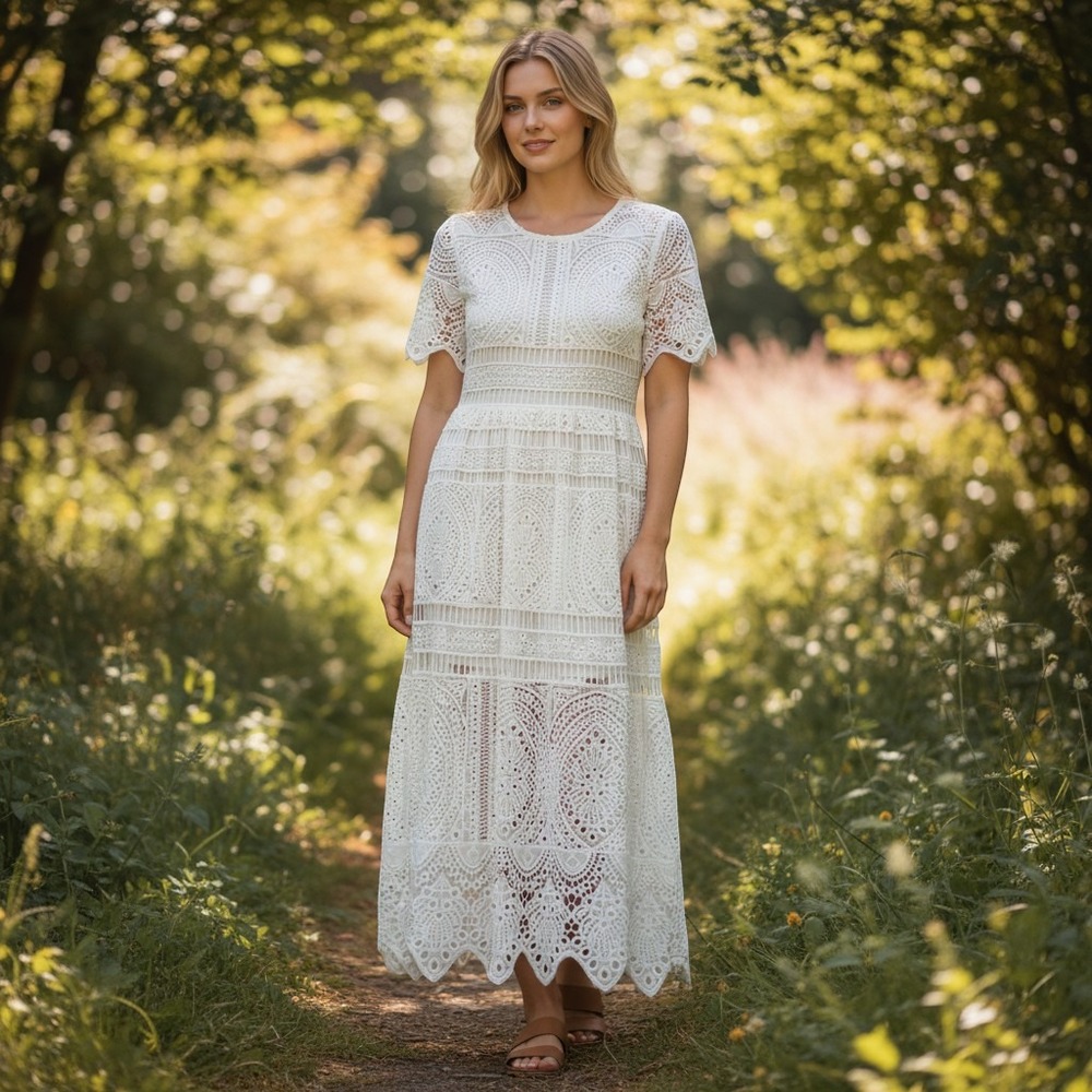 Chicwish White Crochet Lace Midi Dress Short Sleeve Scalloped‎ Hem Boho Wedding